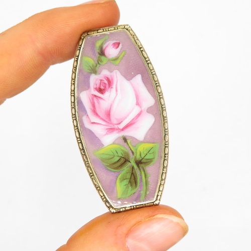 221 - Silver enamel rose design brooch (14g)