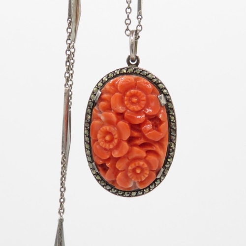 222 - Silver antique marcasite and carved coral necklace (7g)