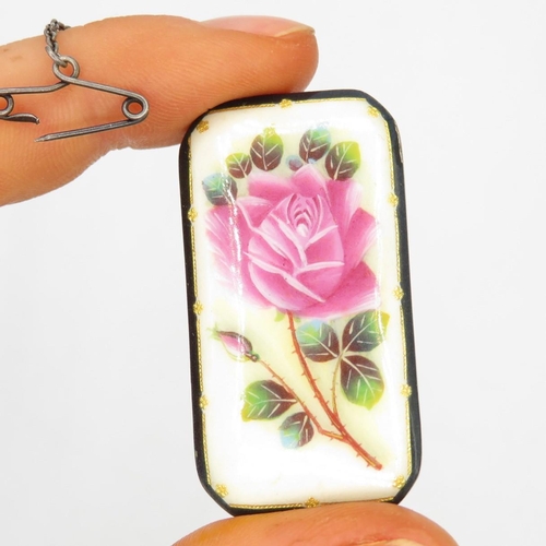 275 - Silver antique enamel brooch with rose design (11g)