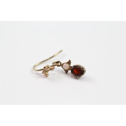 117 - 9ct gold garnet & white opal drop earrings (1.3g)