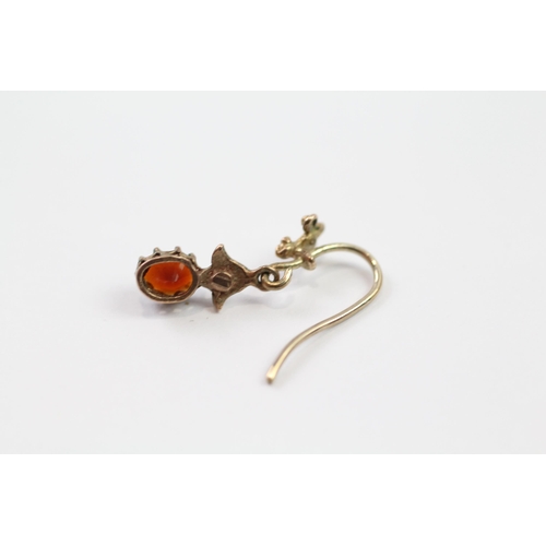 117 - 9ct gold garnet & white opal drop earrings (1.3g)