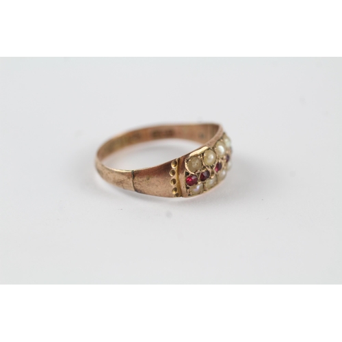 119 - 9ct gold antique garnet, red paste & seed pearl dress ring - Chester Hallmark (1.7g) Size  M