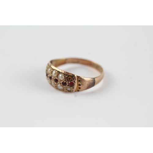 119 - 9ct gold antique garnet, red paste & seed pearl dress ring - Chester Hallmark (1.7g) Size  M