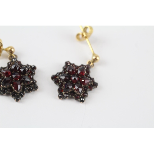 13 - 9ct gold earring posts with antique bohemian garnet cluster drops (3.1g)