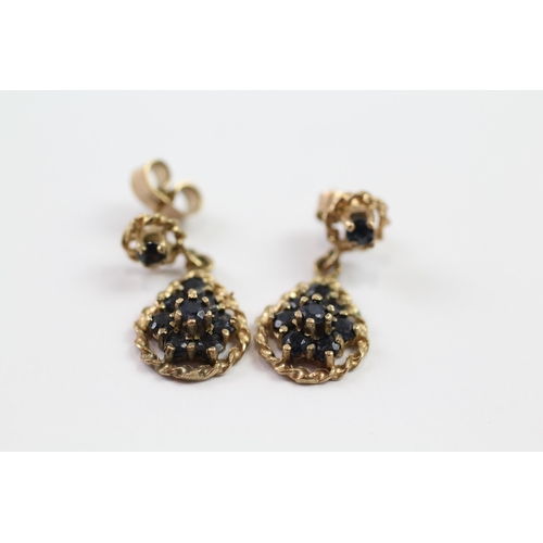 130 - 9ct gold sapphire vintage drop earrings (2.5g)