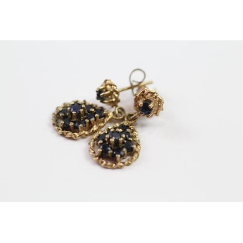 130 - 9ct gold sapphire vintage drop earrings (2.5g)