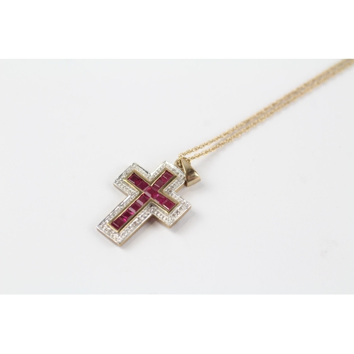 132 - 9ct gold synthetic ruby & diamond cross pendant & chain (3g)