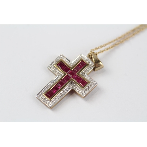 132 - 9ct gold synthetic ruby & diamond cross pendant & chain (3g)