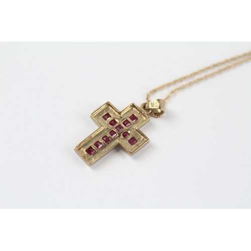 132 - 9ct gold synthetic ruby & diamond cross pendant & chain (3g)