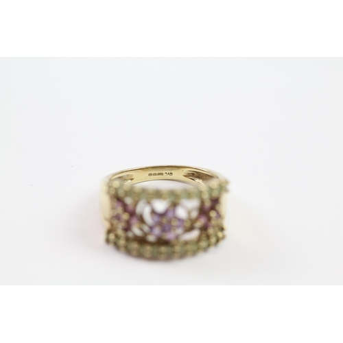 153 - 9ct gold amethyst, garnet & peridot openwork floral cluster ring (3.8g) Size  O