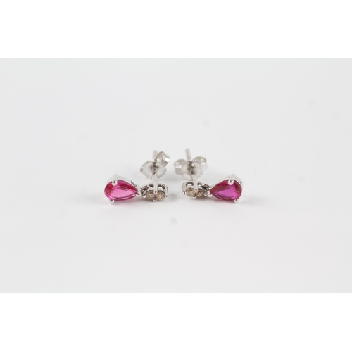 158 - 9ct gold synthetic ruby & diamond drop earrings (1.1g)