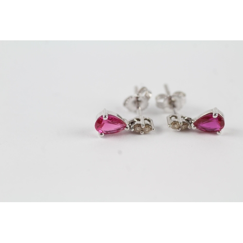 158 - 9ct gold synthetic ruby & diamond drop earrings (1.1g)