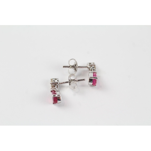 158 - 9ct gold synthetic ruby & diamond drop earrings (1.1g)