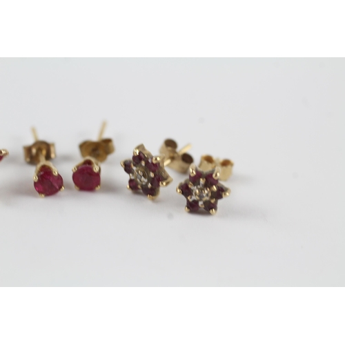 170 - 3 x 9ct gold diamond & ruby cluster earrings (2.8g)