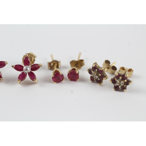 170 - 3 x 9ct gold diamond & ruby cluster earrings (2.8g)