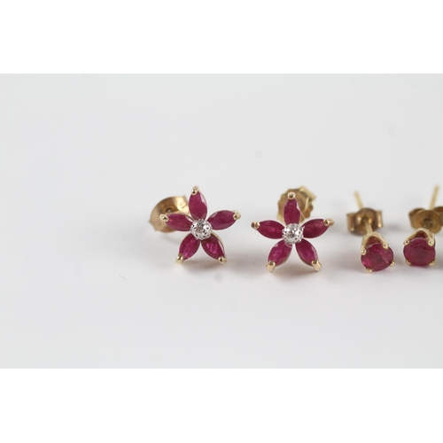 170 - 3 x 9ct gold diamond & ruby cluster earrings (2.8g)