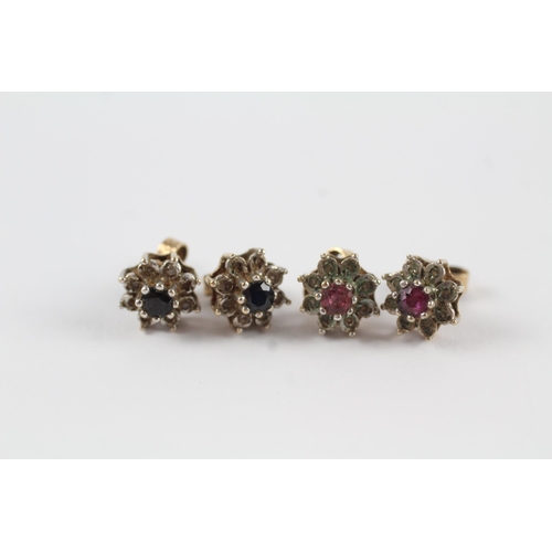 171 - 2 x 9ct gold diamond, sapphire & ruby cluster earrings (3.5g)