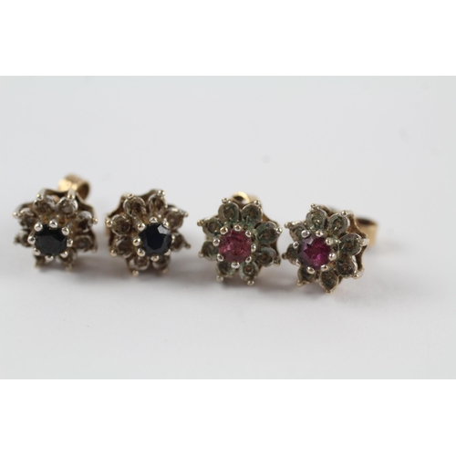 171 - 2 x 9ct gold diamond, sapphire & ruby cluster earrings (3.5g)