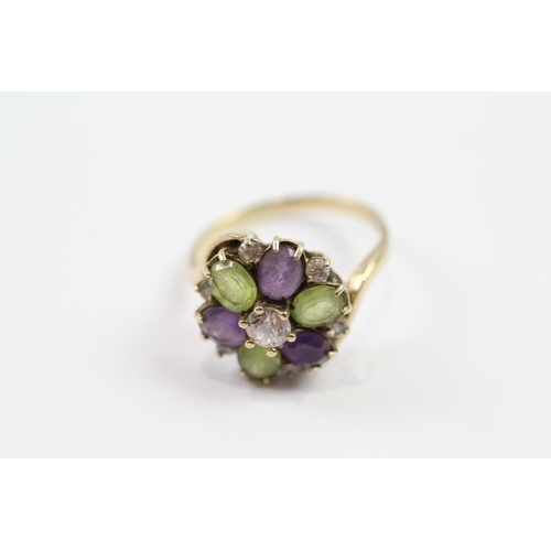 174 - 9ct gold amethyst, peridot & clear gemstone floral cluster ring (3.7g) Size  Q