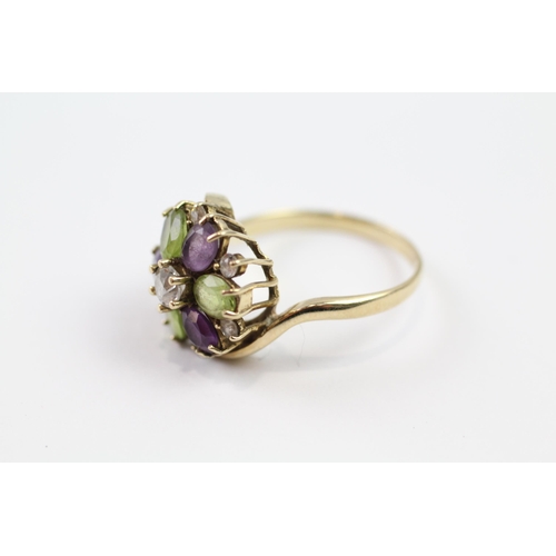 174 - 9ct gold amethyst, peridot & clear gemstone floral cluster ring (3.7g) Size  Q