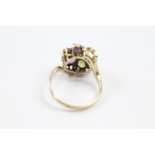 174 - 9ct gold amethyst, peridot & clear gemstone floral cluster ring (3.7g) Size  Q