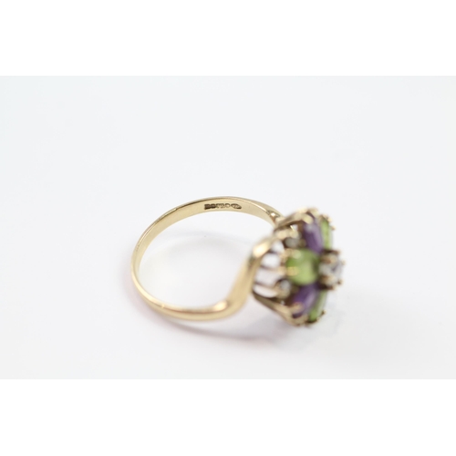 174 - 9ct gold amethyst, peridot & clear gemstone floral cluster ring (3.7g) Size  Q