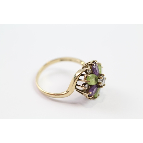 174 - 9ct gold amethyst, peridot & clear gemstone floral cluster ring (3.7g) Size  Q