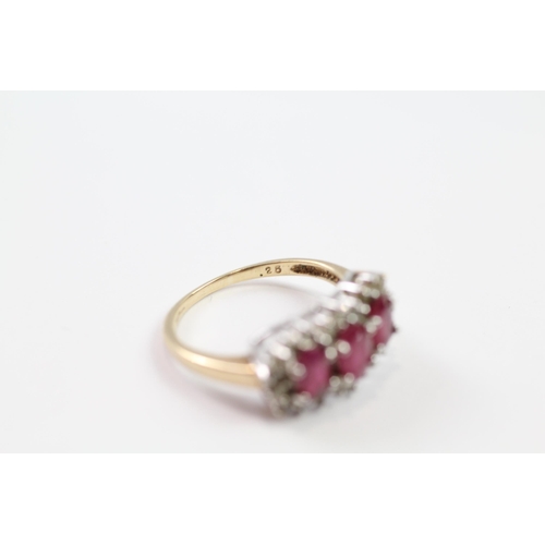 178 - 9ct gold synthetic ruby three stone ring with diamond frame (3.2g) Size  M