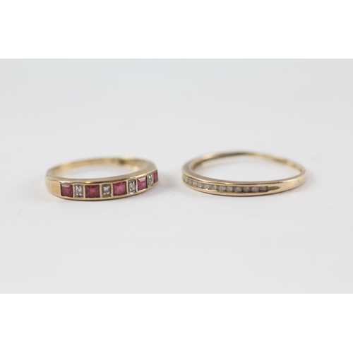 183 - 2x 9ct gold synthetic ruby & diamond eternity rings (2.2g) Size  L+R