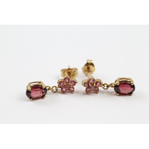 192 - 9ct gold garnet & pink gemstone drop earrings (1.8g)