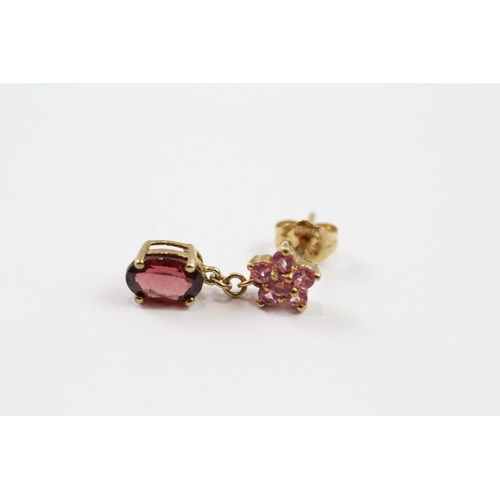 192 - 9ct gold garnet & pink gemstone drop earrings (1.8g)