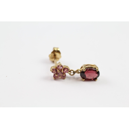 192 - 9ct gold garnet & pink gemstone drop earrings (1.8g)