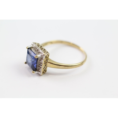 196 - 9ct gold synthetic sapphire & white gemstone cluster ring (3.3g) Size  V 1/2