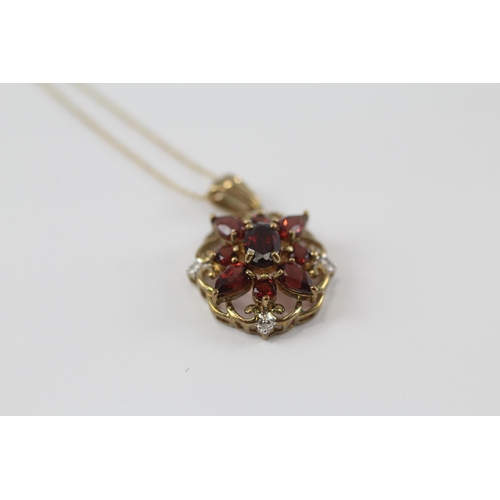 36 - 9ct gold vintage garnet & diamond floral pendant necklace (2.5g)