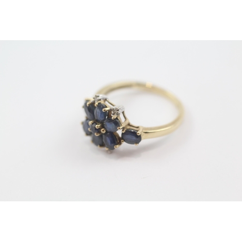 47 - 9ct gold sapphire & diamond floral cluster ring (2.2g) Size  K