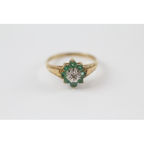 55 - 9ct gold emerald & diamond floral cluster ring (2g) Size  L