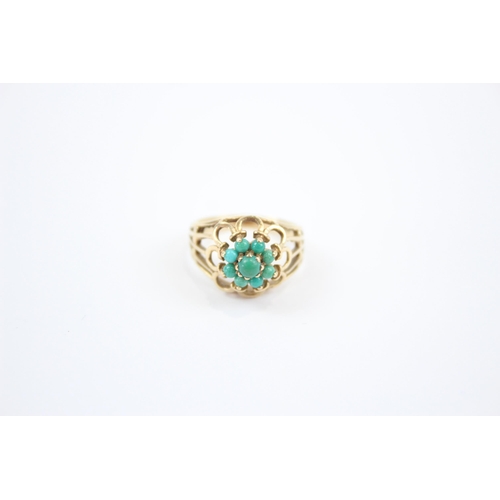 59 - 9ct gold vintage turquoise floral cluster dress ring (3g) Size  K 1/2