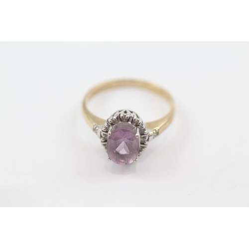 6 - 9ct gold amethyst & diamond cluster ring (3g) Size  M