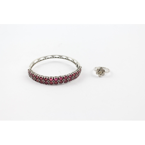 220 - Silver gemstone bangle and ring including Ruby (20g)