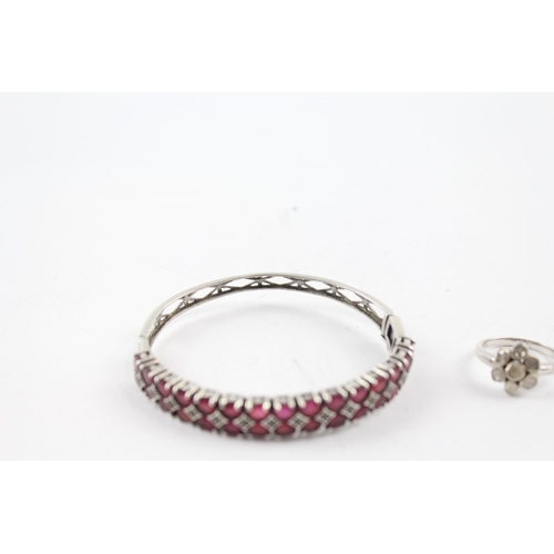 220 - Silver gemstone bangle and ring including Ruby (20g)