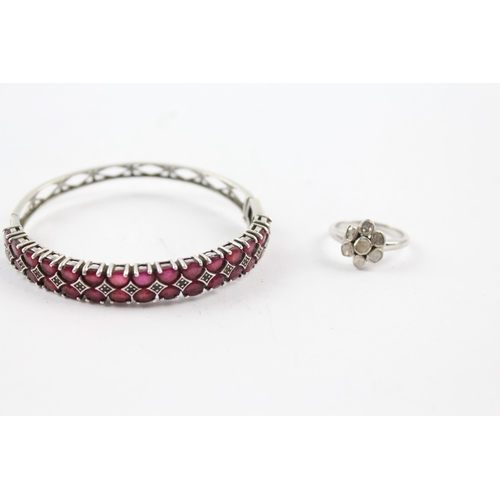 220 - Silver gemstone bangle and ring including Ruby (20g)