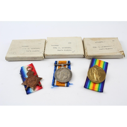 257 - Boxed WW.I 1914-15 Star Trio w/ Ribbons & Packets Named. S - 13493 Pte.