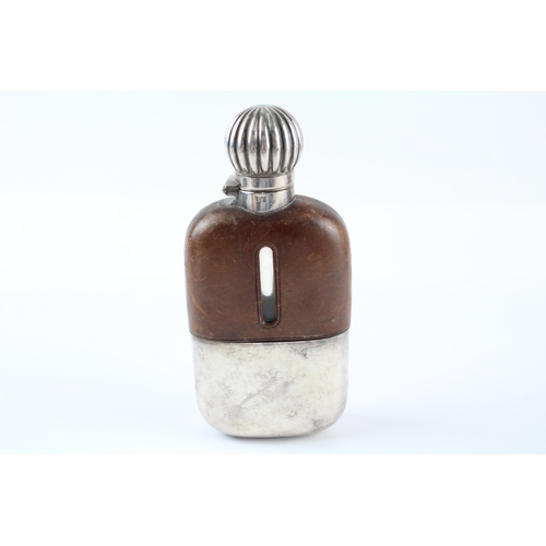 336 - .925 sterling silver, glass & leather gents hipflask