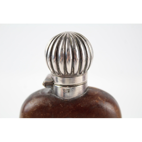 336 - .925 sterling silver, glass & leather gents hipflask