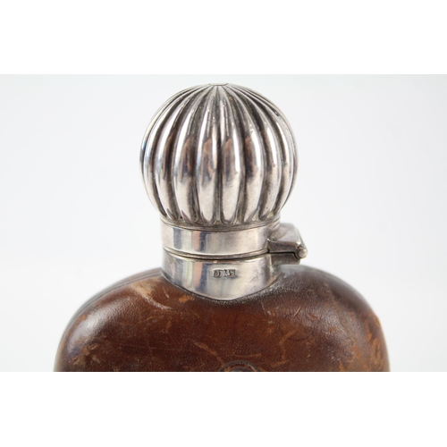 336 - .925 sterling silver, glass & leather gents hipflask