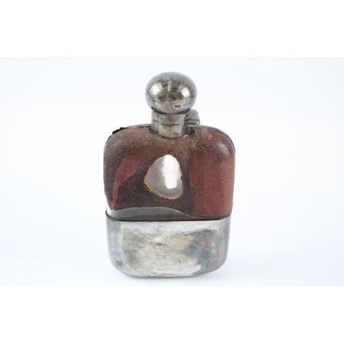 337 - .925 sterling silver, glass & leather gents hipflask