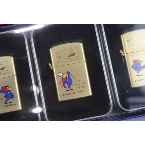 360 - Vintage Cigarette LIGHTERS Inc FIFA World Cup France 98 Collectors Box of 5