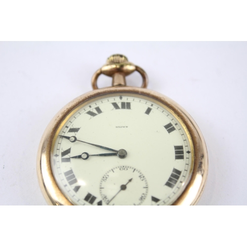 379 - M. S. BROWN Gents Rolled Gold Open Face POCKET WATCH Hand-wind WORKING