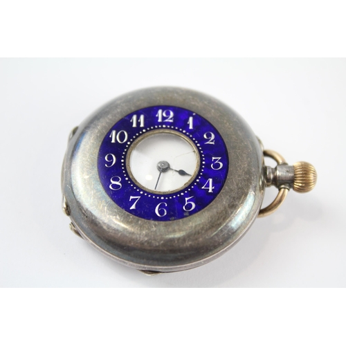 396 - 935 SILVER & Enamel Small Size Vintage Half Hunter POCKET WATCH Handwind WORKING