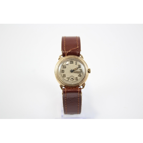 405 - Men's 9ct GOLD Cased Vintage Trench Style WRISTWATCH Hand-wind.  Watch runs but stops.  Requires ser... 